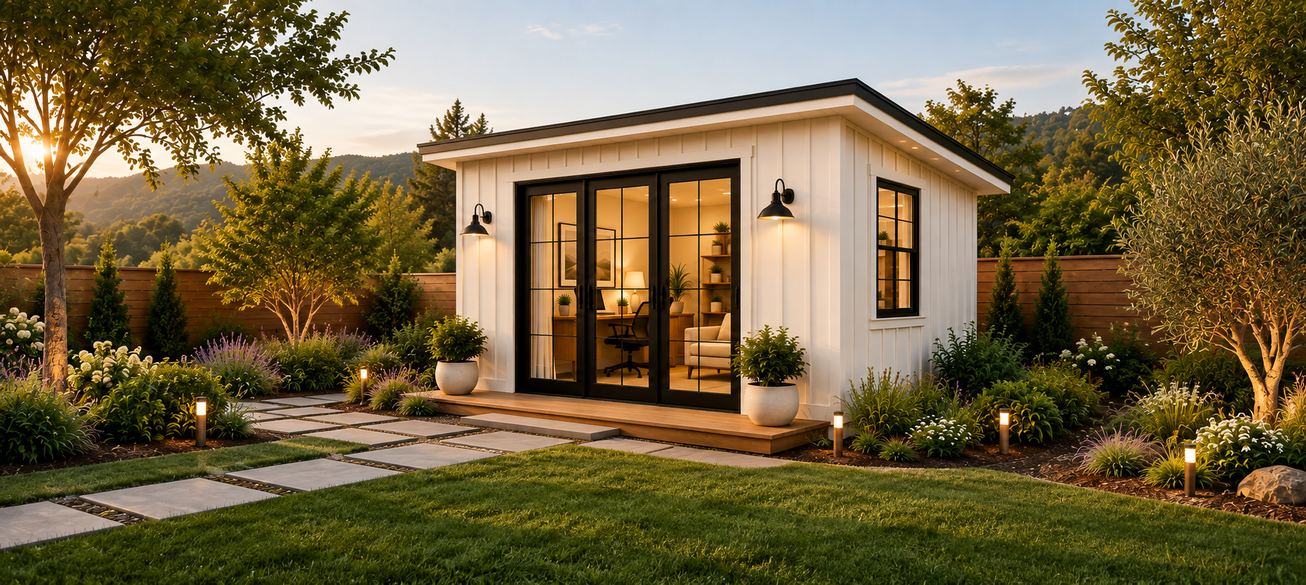 White backyard studio with black French doors, paver walkway and landscape lighting at dusk